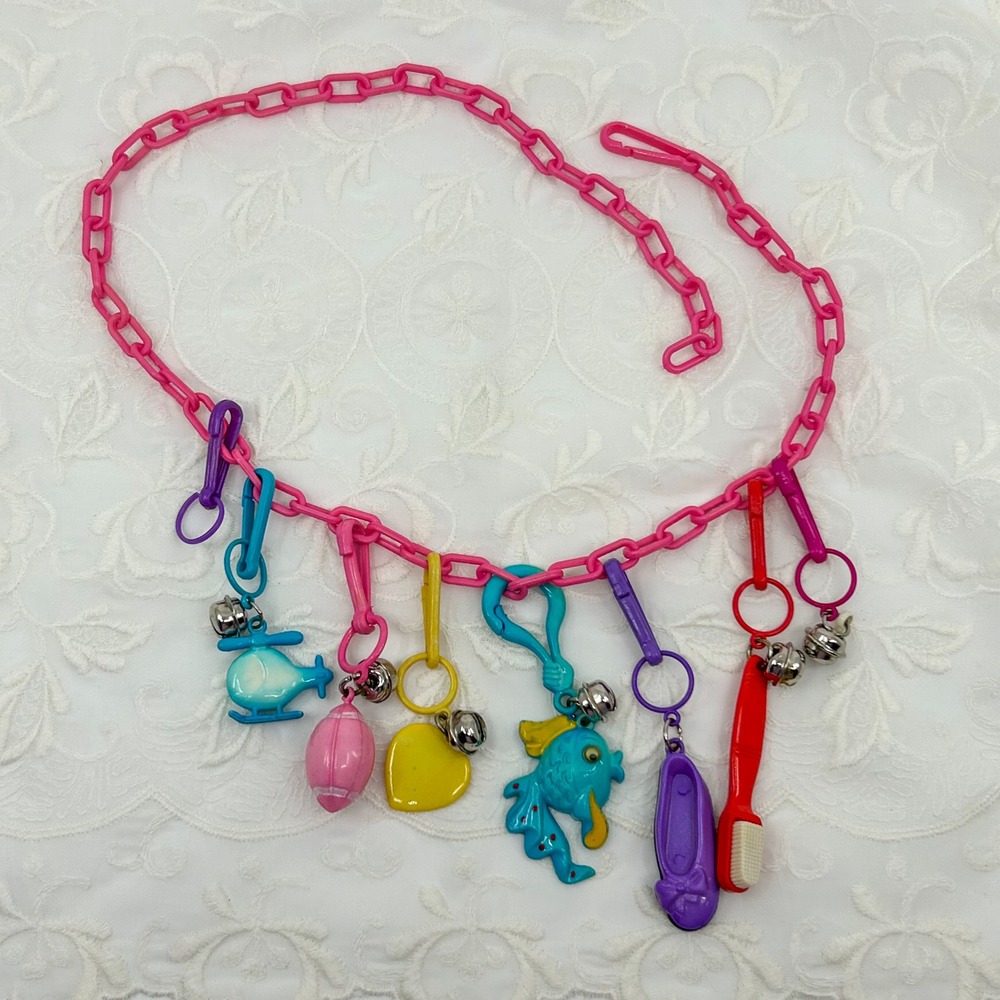 Vintage 80s Plastic Charms Clip and Bell Necklace Pink Chain Funky Colorful Toy - Picture 10 of 13